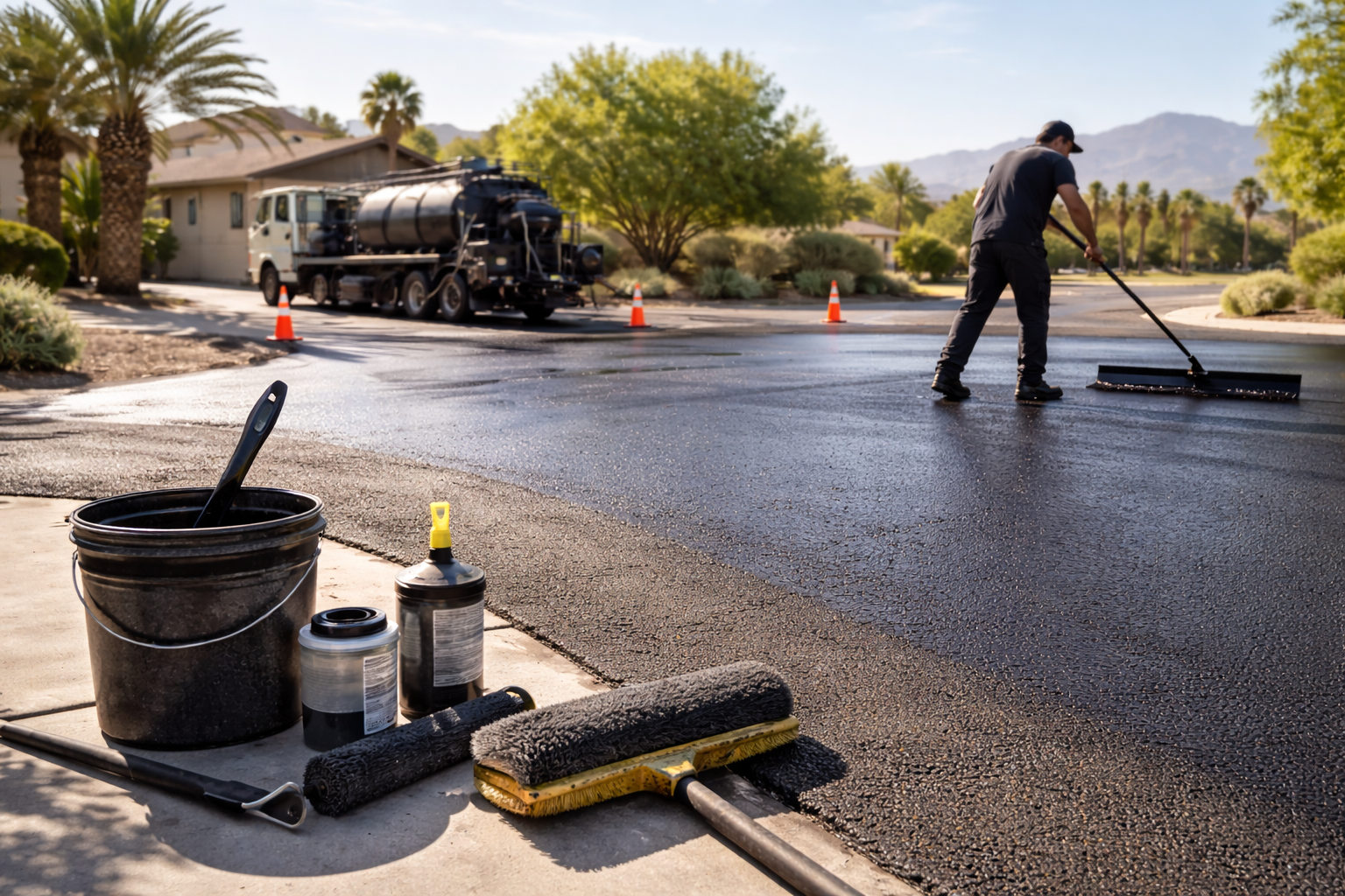 Asphalt paving a driveway; worker smoothing fresh blacktop with a squeegee; truck and tools in foreground.