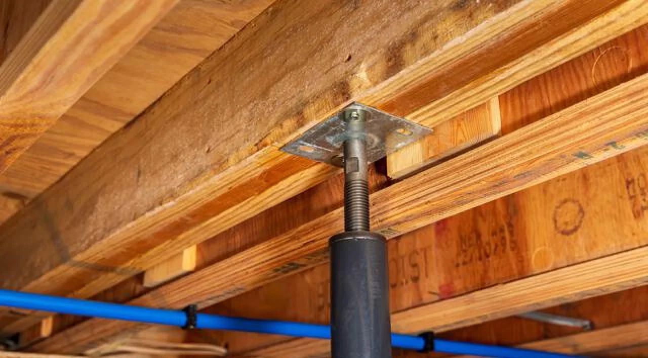 Adjustable steel support jack holding up wooden floor joists in a basement