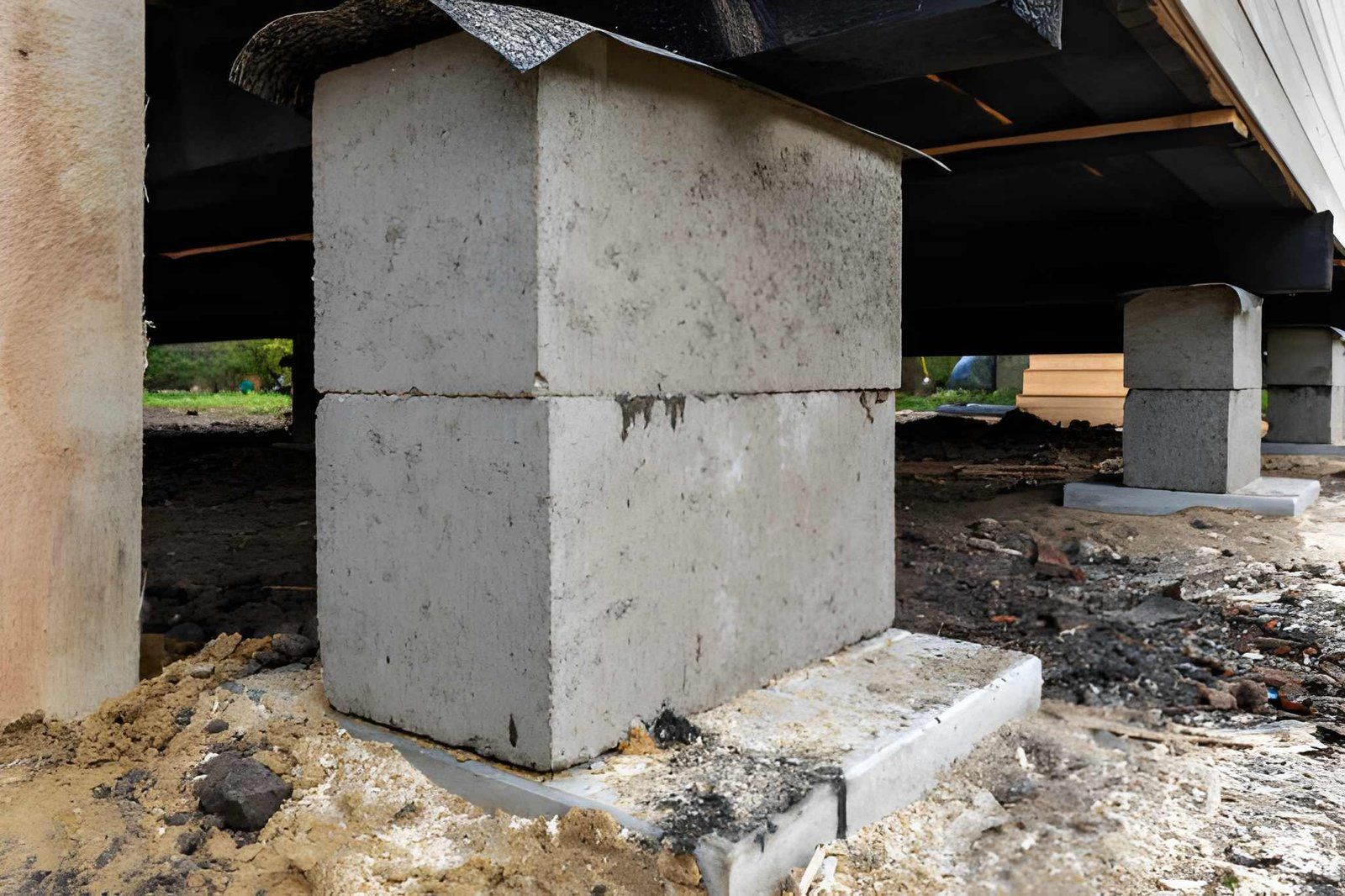 Concrete support columns under a raised structure, viewed from ground level