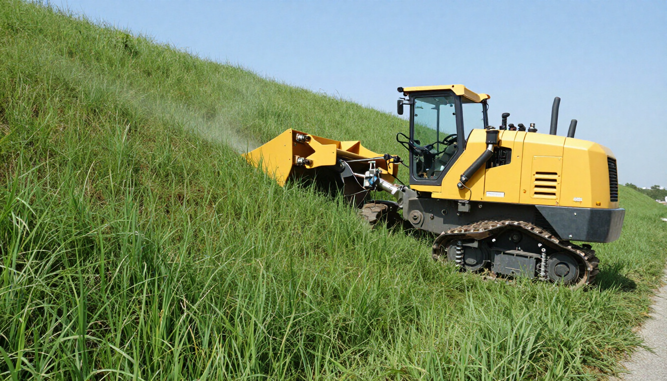 Commercial remote-controlled slope mower working on a steep green hill