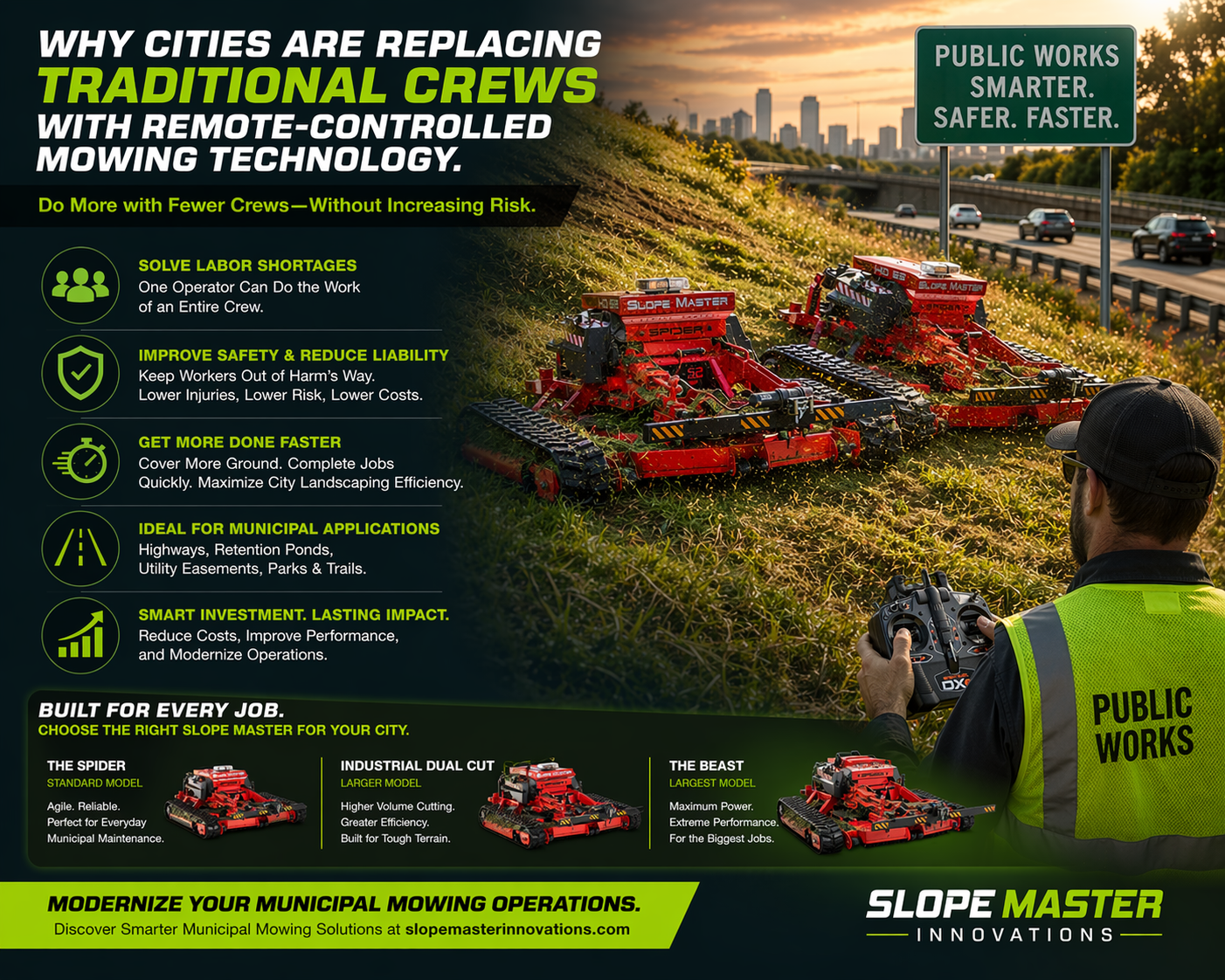 Contact Slope Master Innovations An ad for remote-controlled Slope Master mowers featuring a worker operating red slope mowers on a grassy highway hillside.