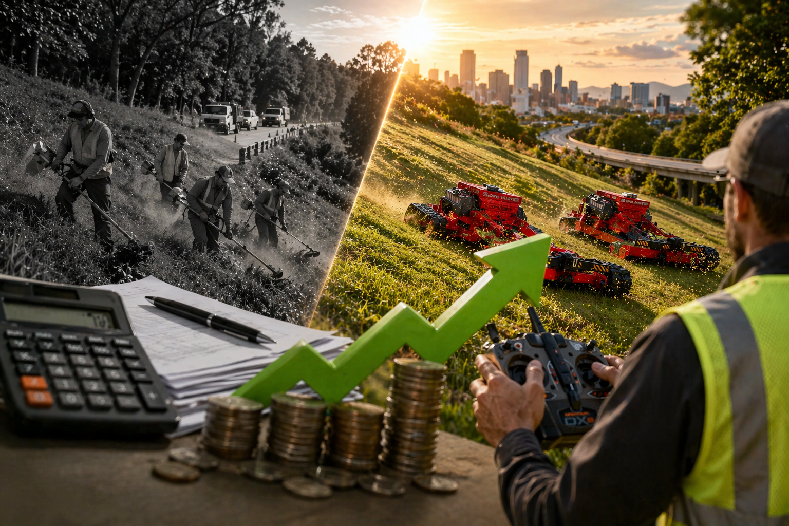 Split view: workers manually clearing a grassy slope next to a modern scene of remote-controlled mowers and rising profit.
