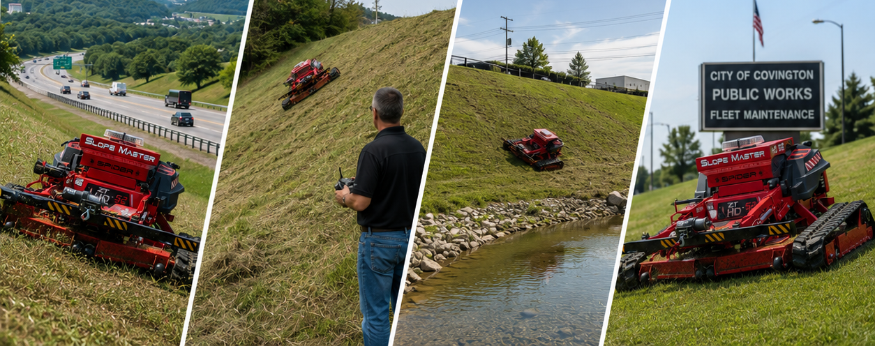 Red mower on grassy roadside near sign; a man stands nearby watching the work.