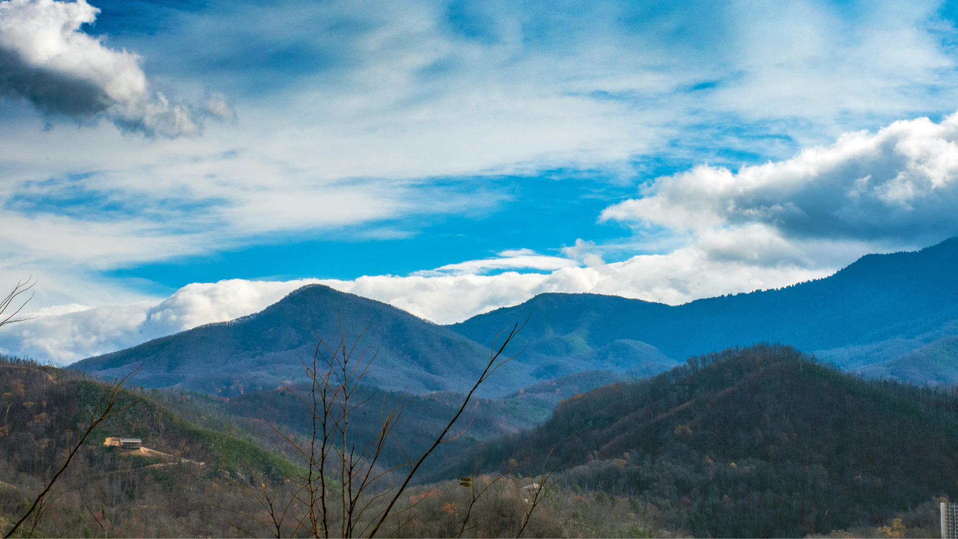 Mountain range with a blue sky and white clouds in the Great Smoky Mountains.