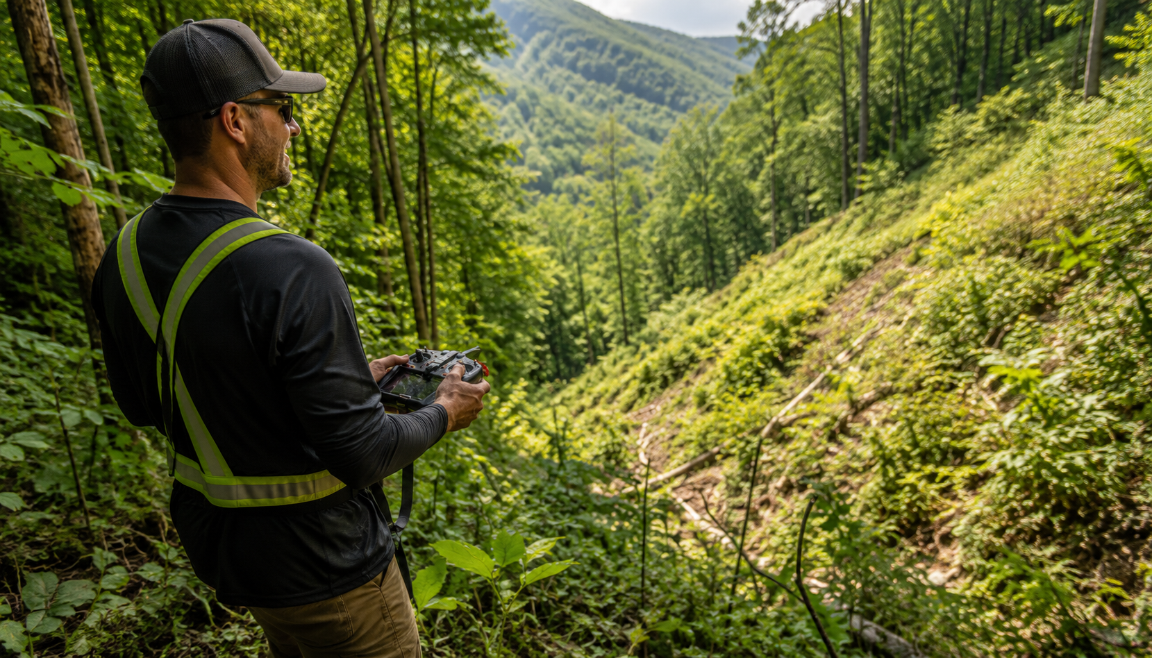 Hiker with drone controller overlooking a lush green mountain valley and forest trail