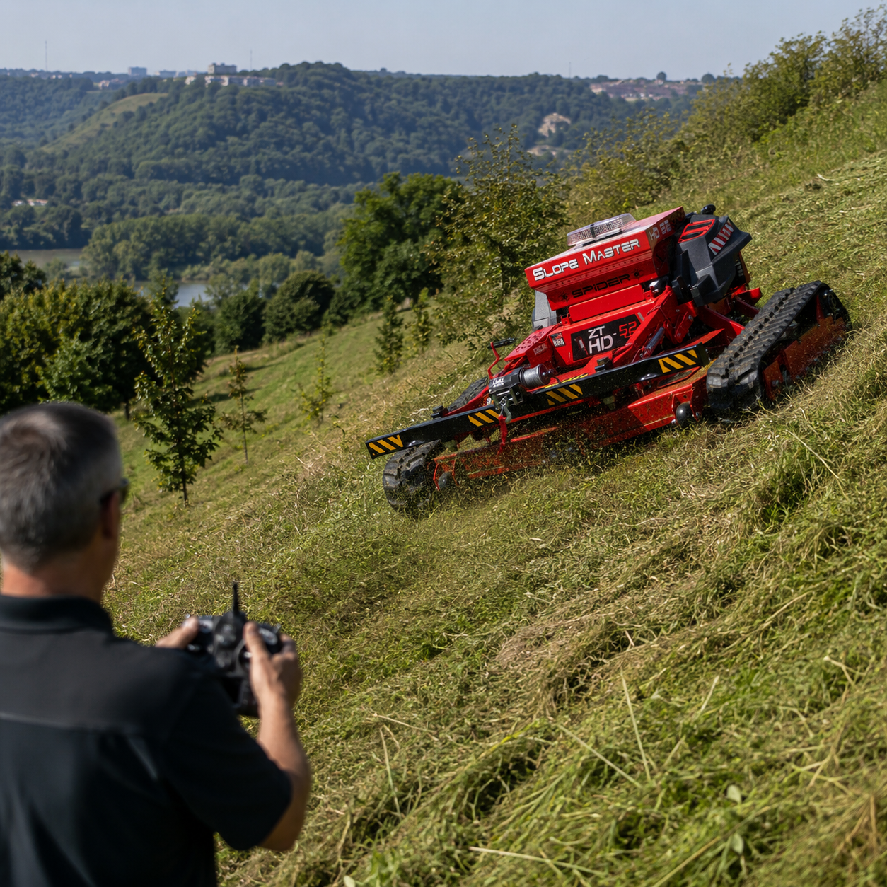 Commercial remote-controlled slope mower working on a steep green hill.