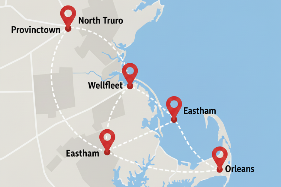 Map of Cape Cod with red location pins in Provincetown, North Truro, Wellfleet, Eastham, and Orleans.