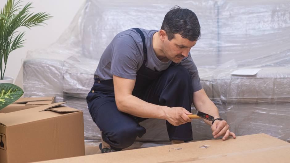 Man kneeling, unpacking cardboard box with a utility knife. Room with plant, covered furniture.