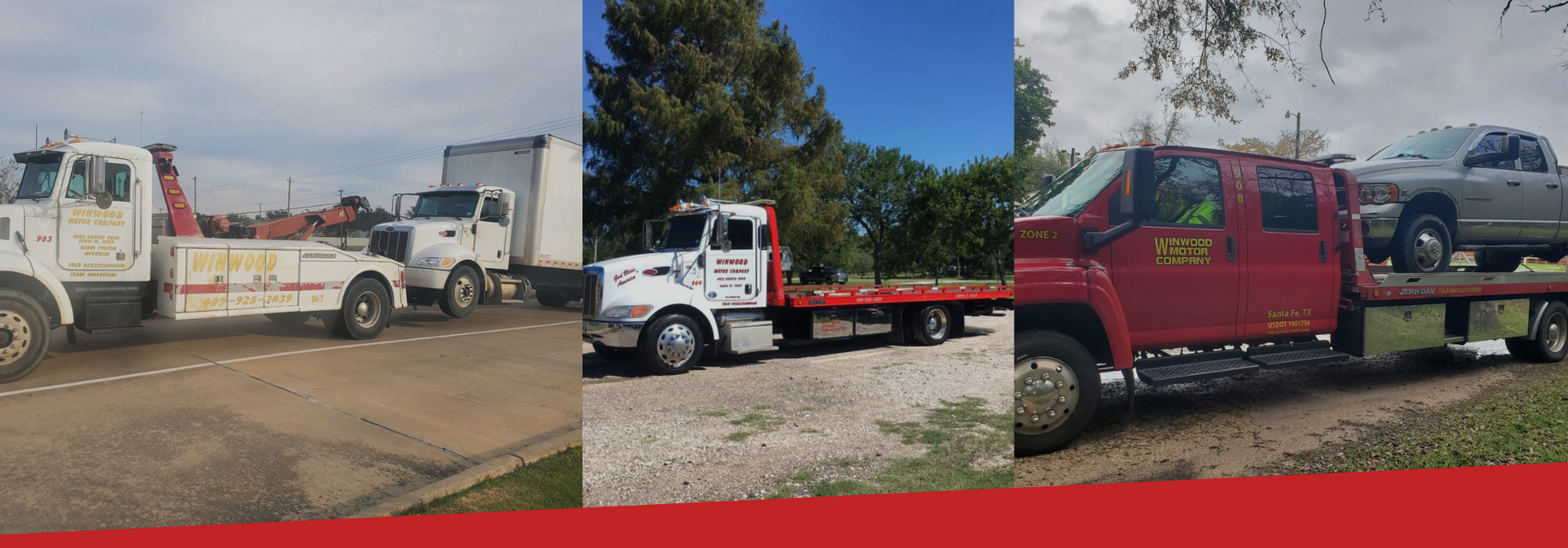 Three tow trucks of different types, in outdoor settings, with vehicles being transported.