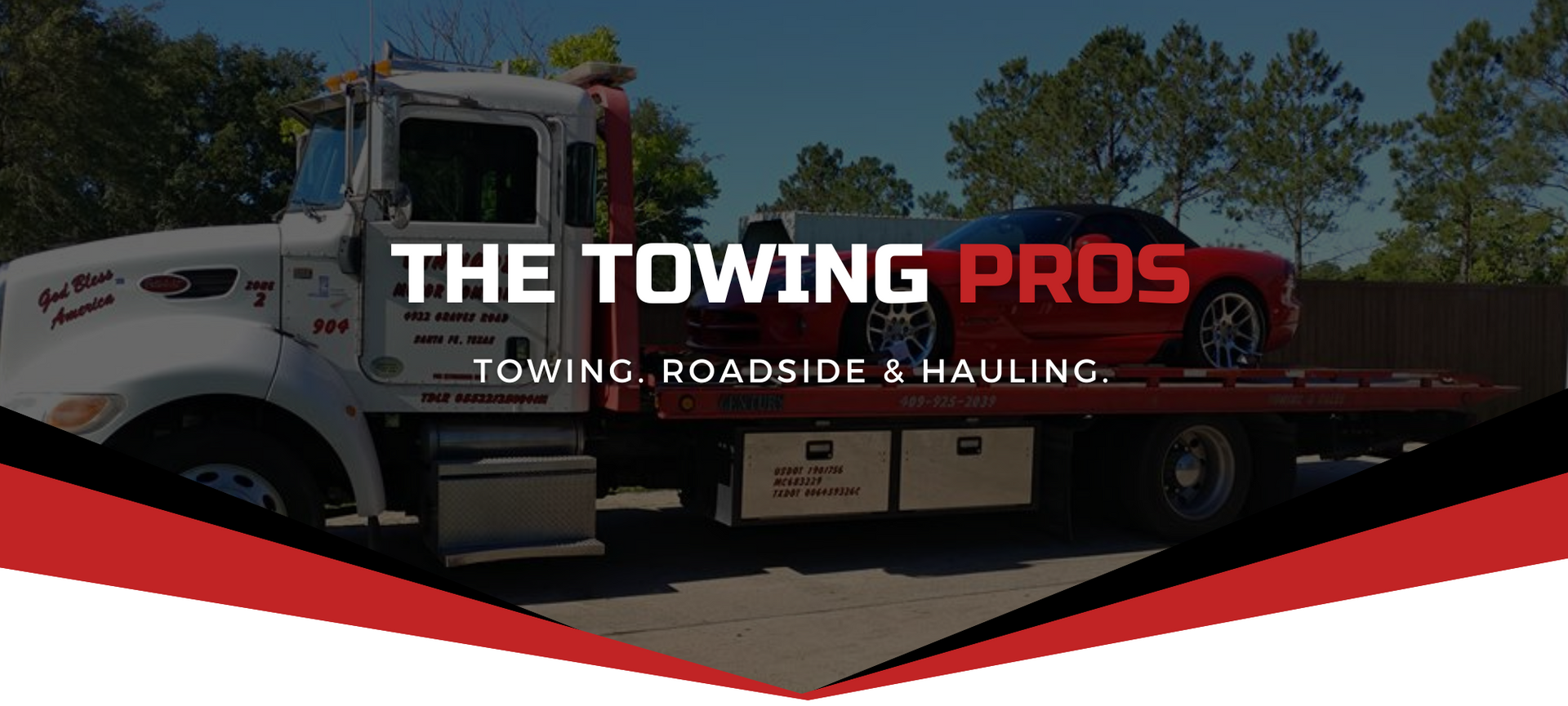 Tow truck with red car on the flatbed, text: The Towing Pros. Towing, roadside & hauling. Red and black accents.