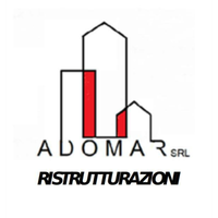 Logo per ADOMAR SRL, un'impresa edile, caratterizzato da profili di edifici astratti, accenti rossi e la scritta "RISTRUTTURAZIONI".