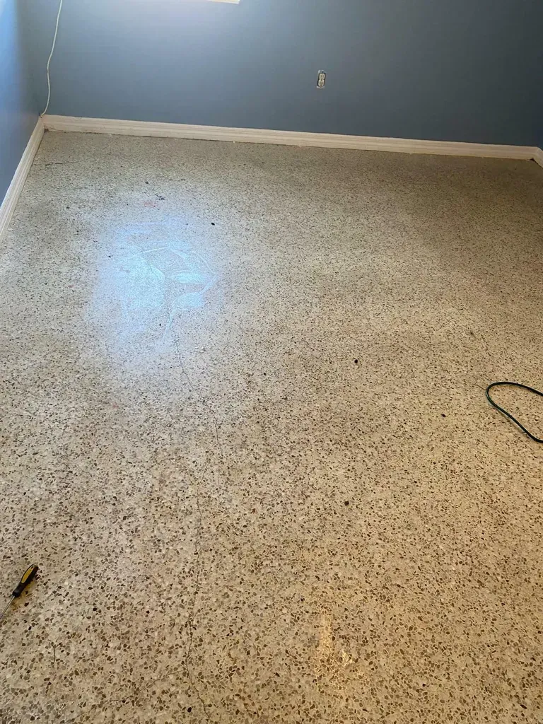 Terrazzo flooring in a room with blue walls and white trim.