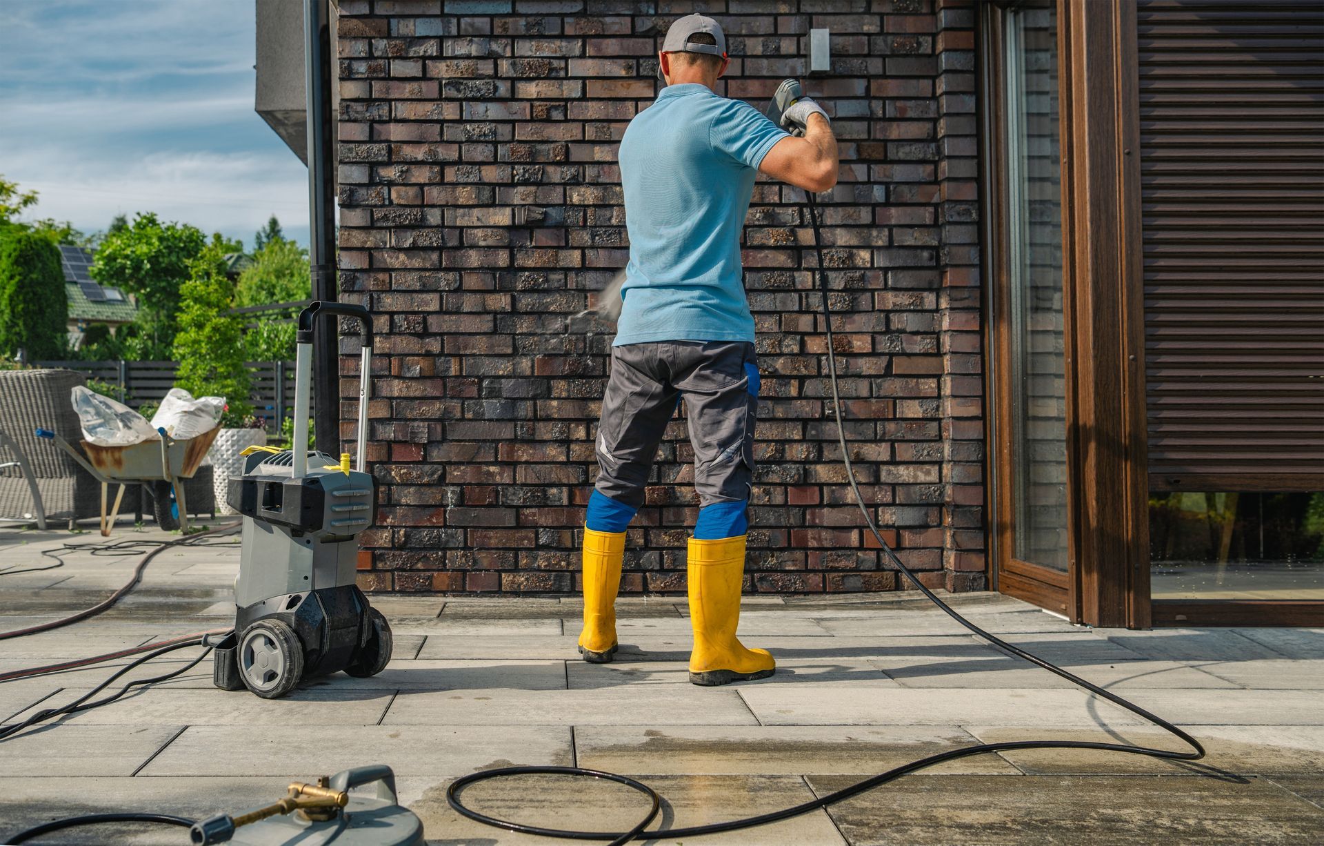 Man power washing a brick wall on a sunny day, wearing yellow boots and gray work pants.