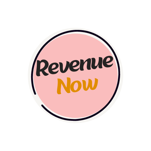 A pink circle with the words `` revenue now '' written inside of it.