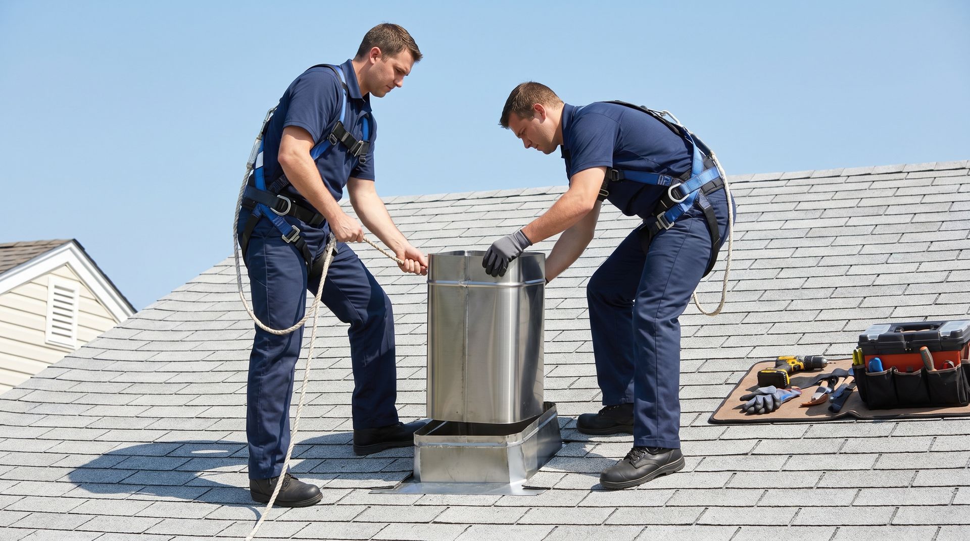 Chimney installation team positioning liner, Residential roof flue service