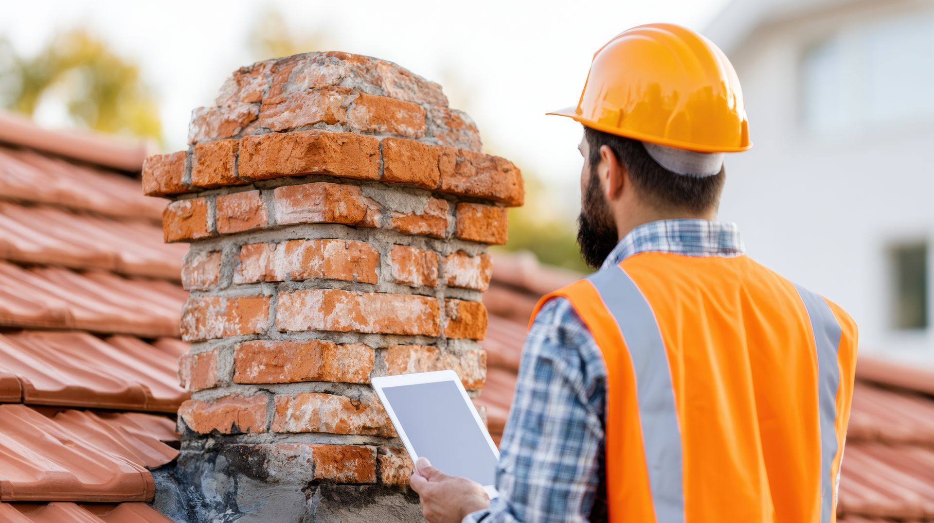 Professional chimney inspector examining brick chimney on tiled roof’ Professional chimney inspector examining brick chimney on tiled roof
