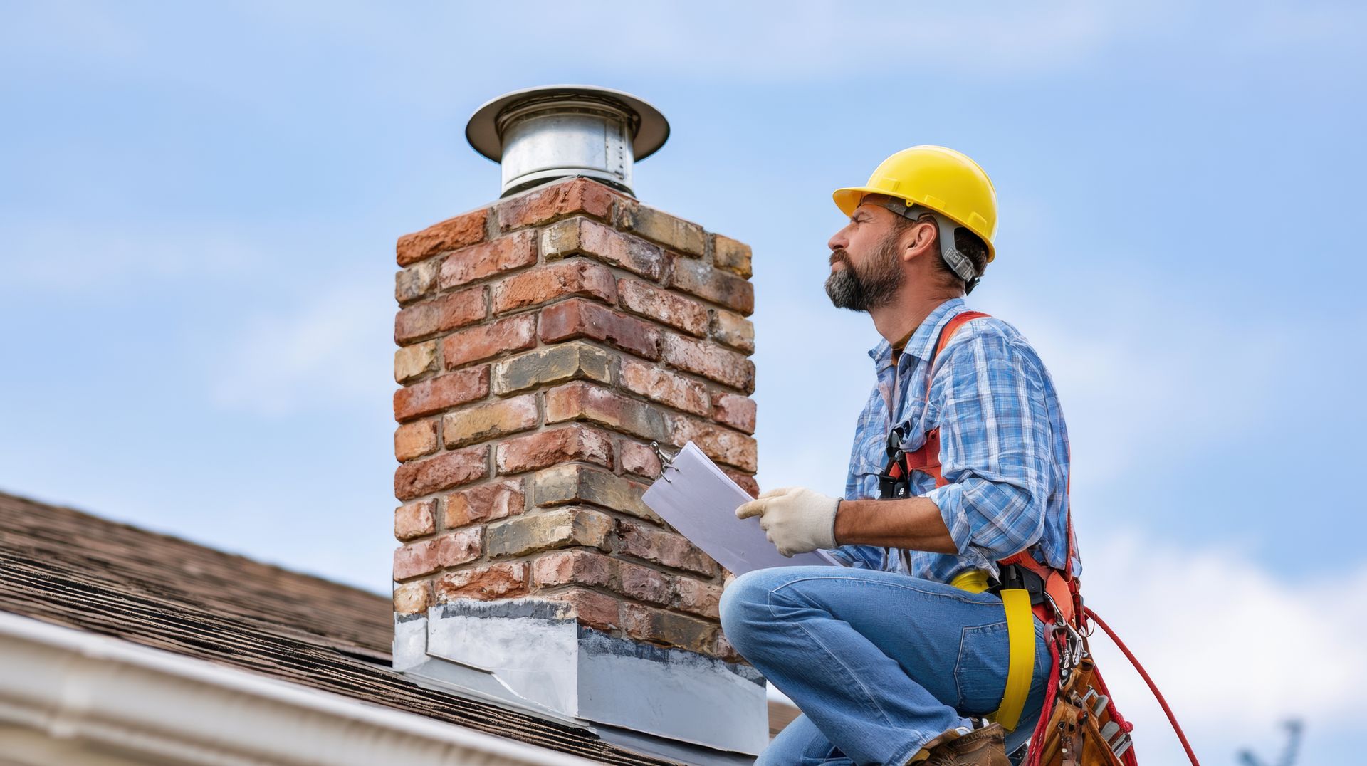 chimney technician inspecting brick chimney on residential roof