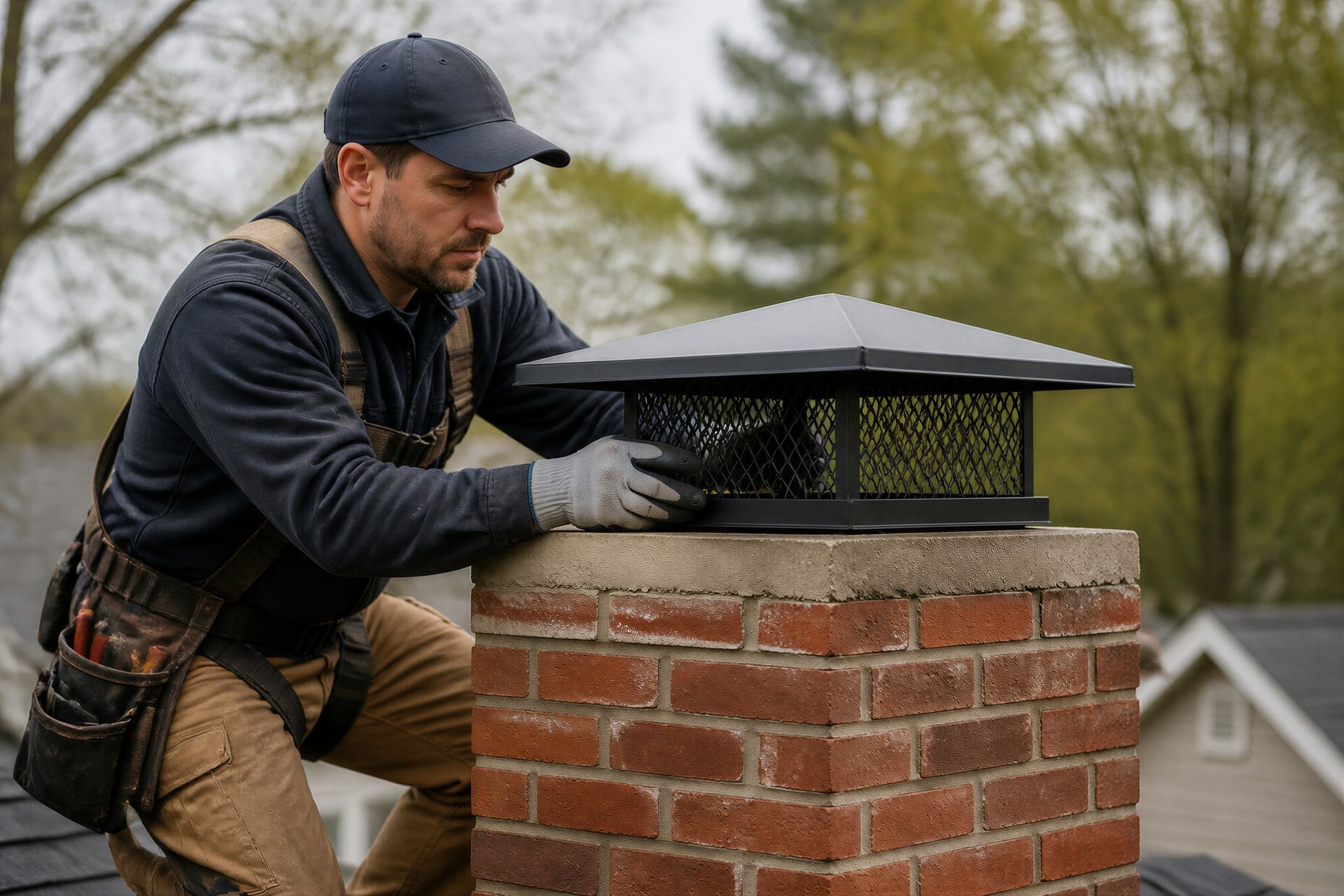Chimney technician installing a black chimney cap on a brick chimney
