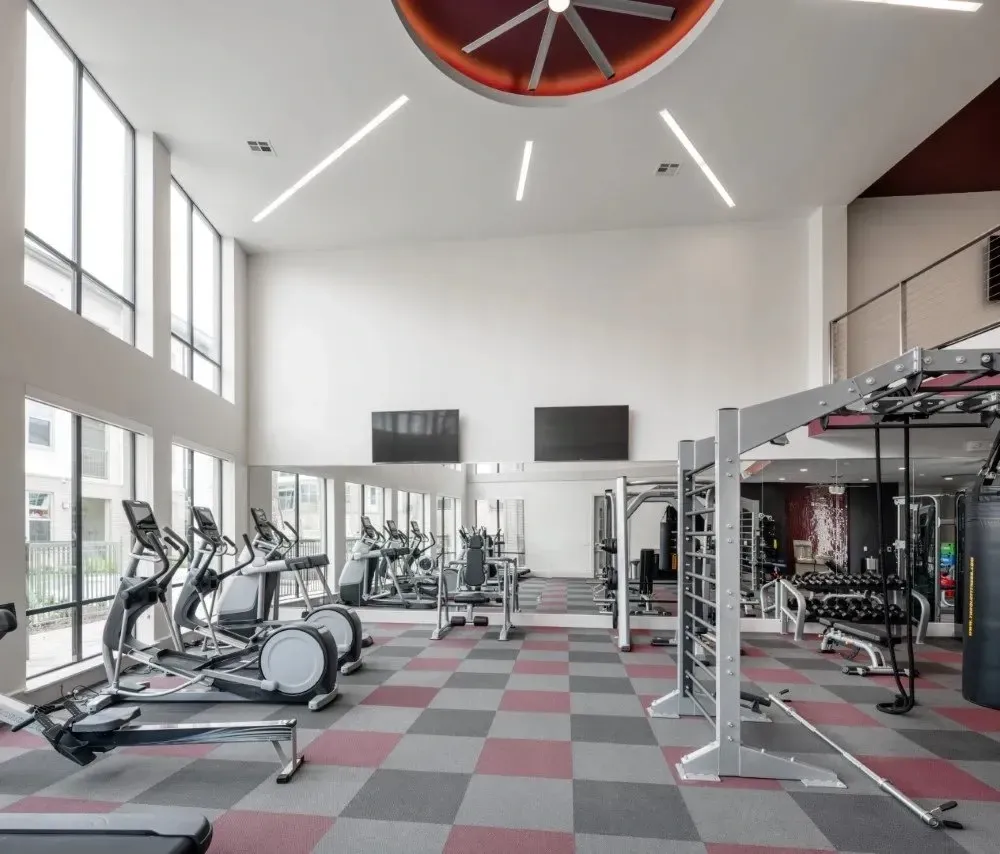 Modern gym with exercise equipment and large windows