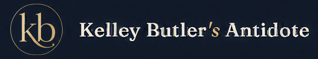Dark blue banner with gold “kb” monogram and text “Kelley Butler’s Antidote”