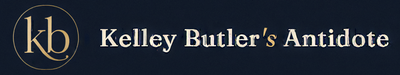 Dark blue banner with gold “kb” monogram and text “Kelley Butler’s Antidote”