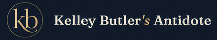 Dark blue banner with gold “kb” monogram and text “Kelley Butler’s Antidote”