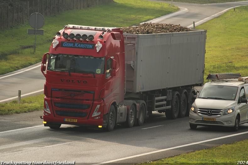 Een rode Volvo-vrachtwagen vervoert een lading bruine boomstammen op de snelweg, naast een witte bestelwagen.