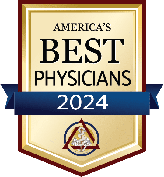 America's Best Physicians 2024 award seal: gold, blue, and cream colors with a medical emblem.