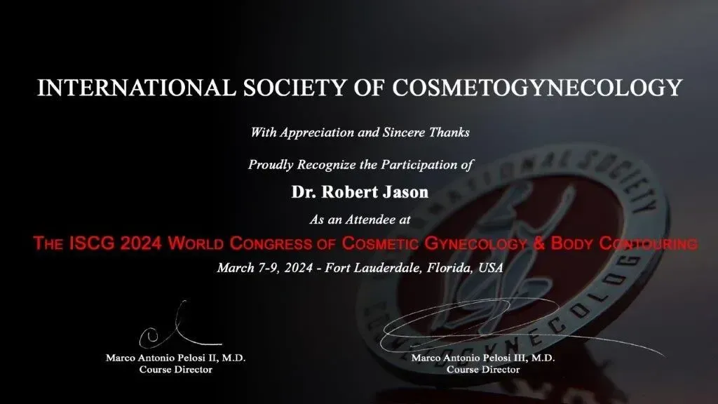 Title slide: International Society of Cosmetogynecology event featuring Dr. Robert Jason. Includes a logo and event details.