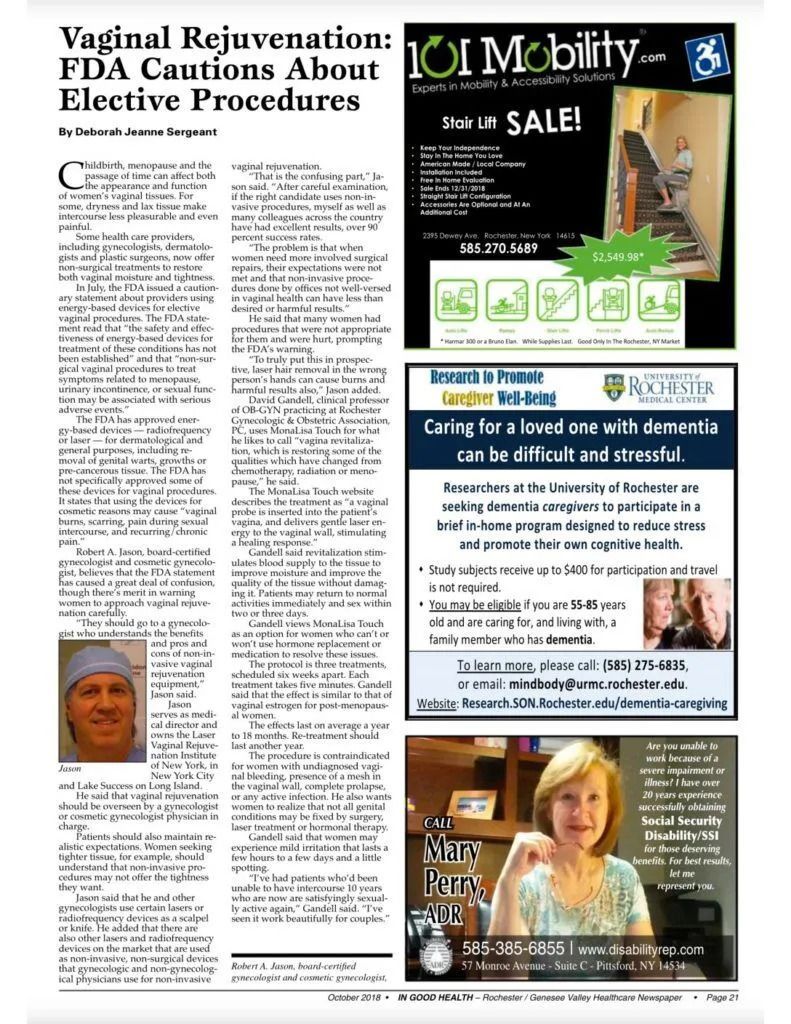 Page with article about vaginal rejuvenation, plus ads for mobility aids and healthcare.