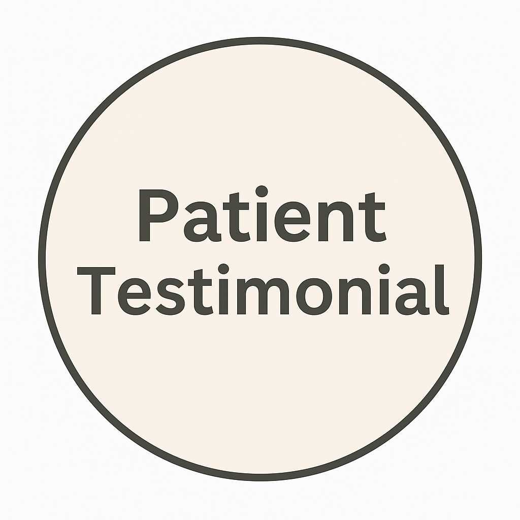 Circle with "Patient Testimonial" text. Beige interior, dark gray border and text.