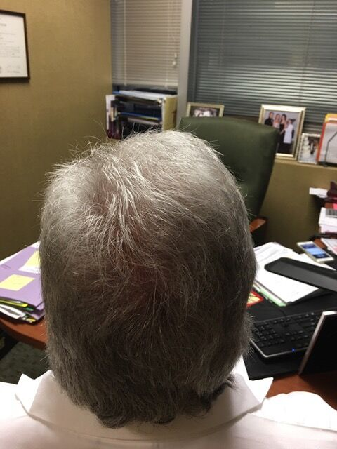 Back of a person's head with gray hair, seated at a desk in an office setting.