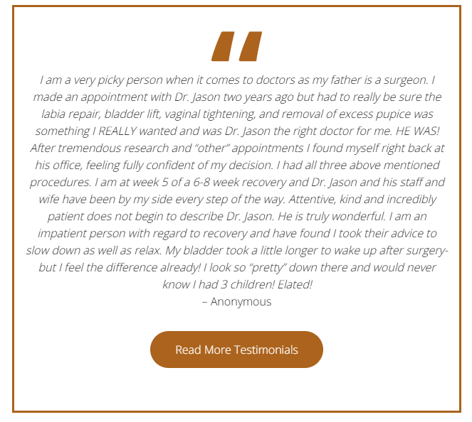 Testimonial from a patient about Dr. Jason, with a quote and a call to action button to read more testimonials.