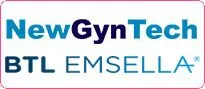 NewGynTech BTL EMSELLA logo in blue and dark blue text inside a pink rectangle.