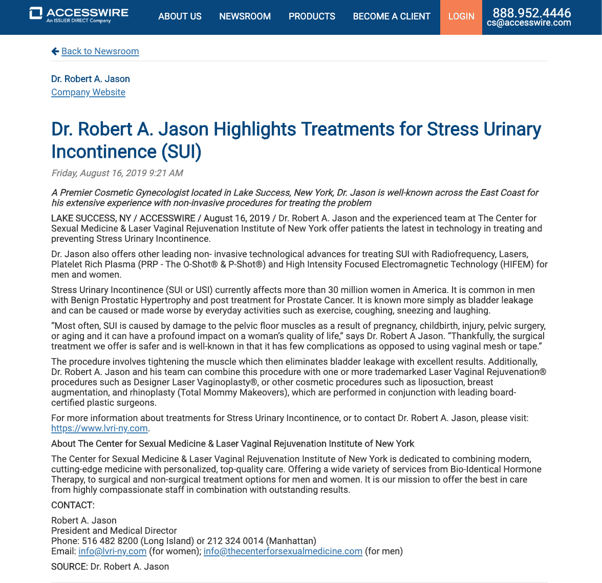 Article about Dr. Robert A. Jason highlighting treatments for Stress Urinary Incontinence (SUI).
