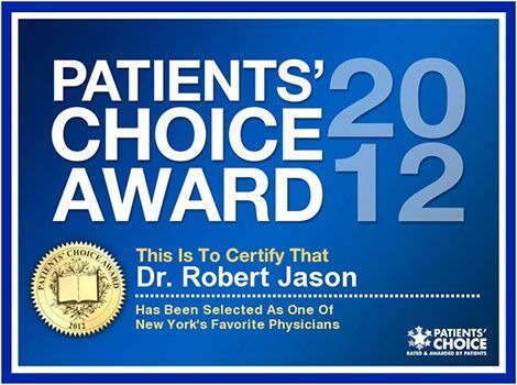 Patients' Choice Award for Dr. Robert Jason, New York, 2012. Blue and gold award certification.