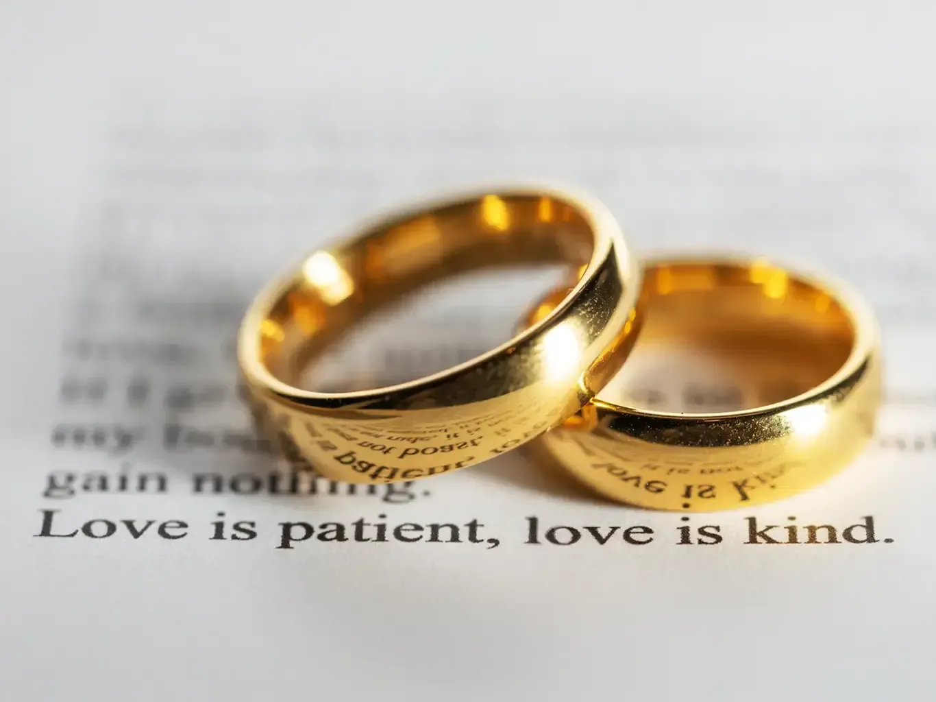 Gold wedding rings on text reading “Love is patient, love is kind,” symbolizing lasting love.