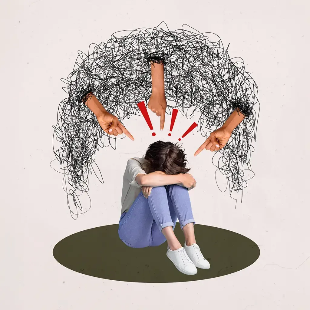 Woman overwhelmed by judgmental thoughts, symbolized by pointing hands and scribbles—representing ne