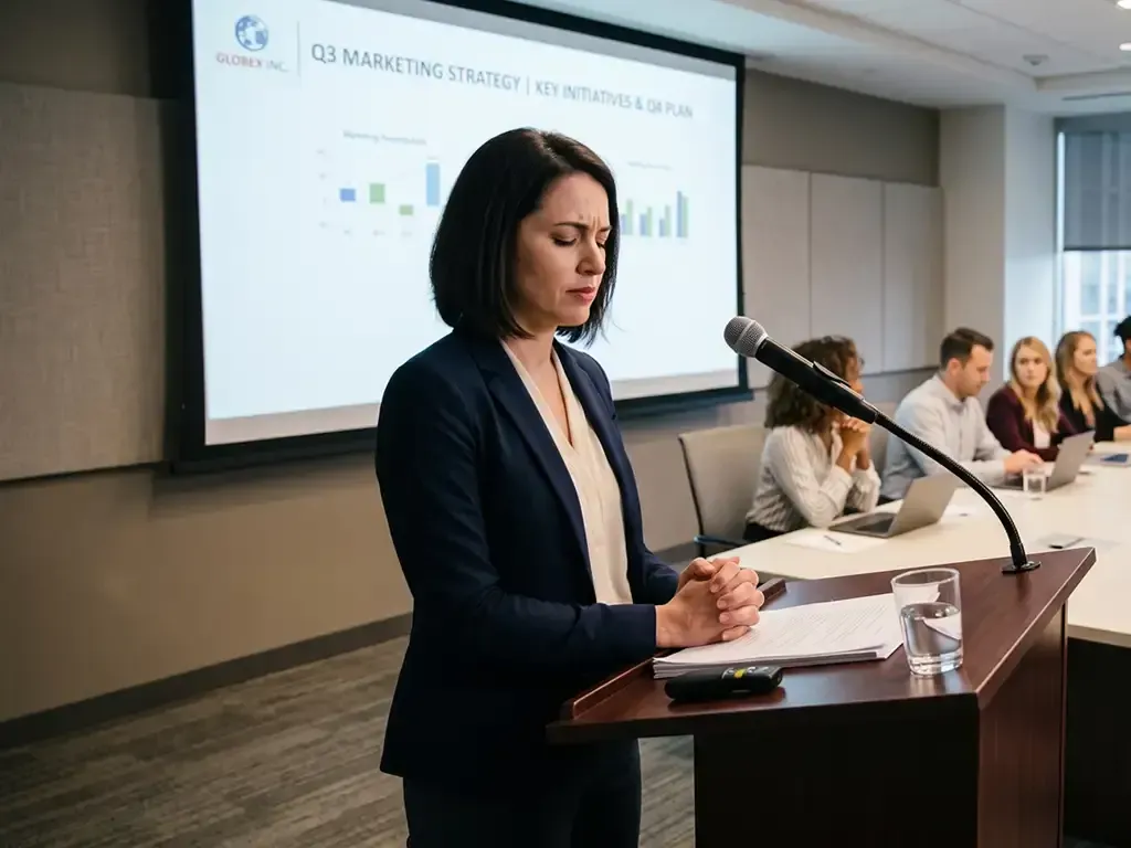 Professional collecting herself before presenting to colleagues, showing performance anxiety.