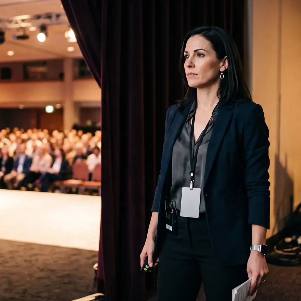 Preparing to Perform with Confidence and Presence Confident woman preparing to speak on stage after performance anxiety therapy.
