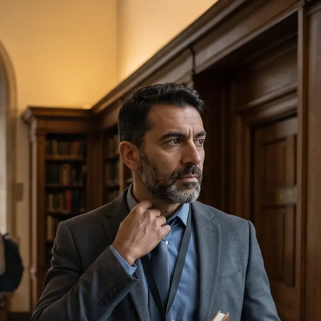 Physical Symptoms of Performance Anxiety Professional man loosening his collar before a high-pressure meeting, showing signs of performance anxiety.