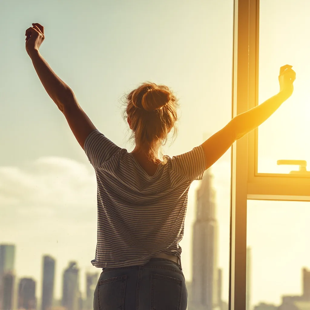 Celebrating Personal Growth through Therapy Woman raising her arms in triumph at a sunlit window, symbolizing personal growth through psychotherapy with Jenna Hendricksen, LMFT.