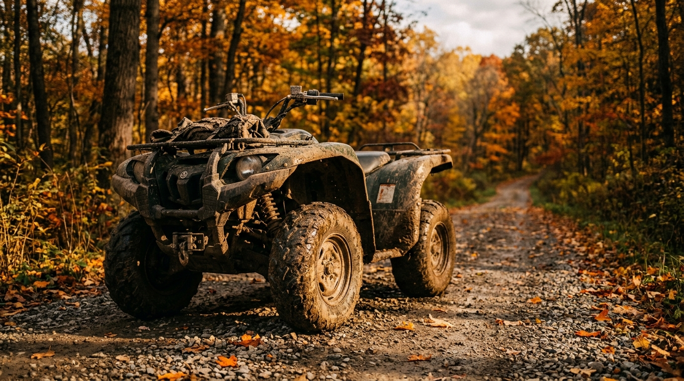 Two riders on ATVs navigating a wooded Ohio trail on a clear autumn day