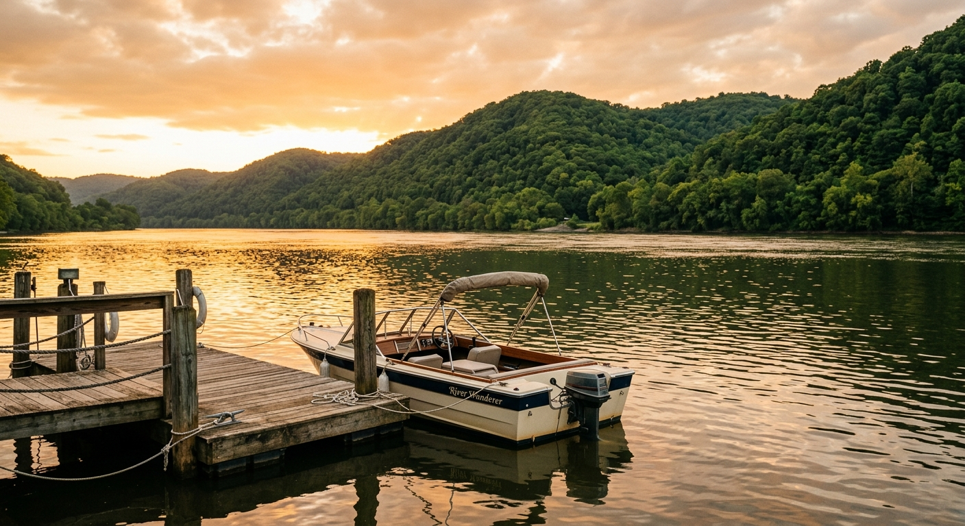 A fishing boat on the Ohio River near a small riverside town on a clear morning