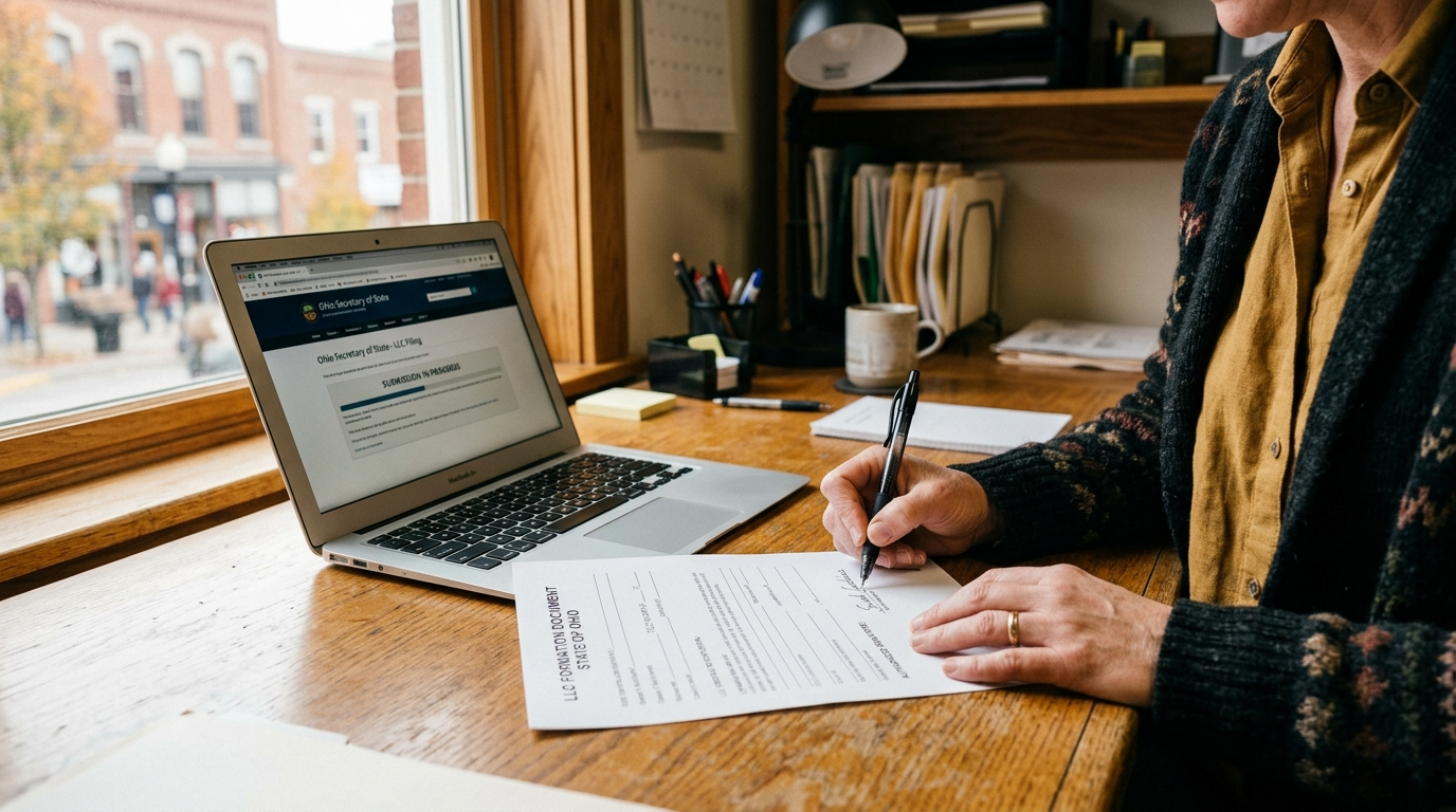 Small business owner reviewing insurance documents at a desk inside an Ohio storefront