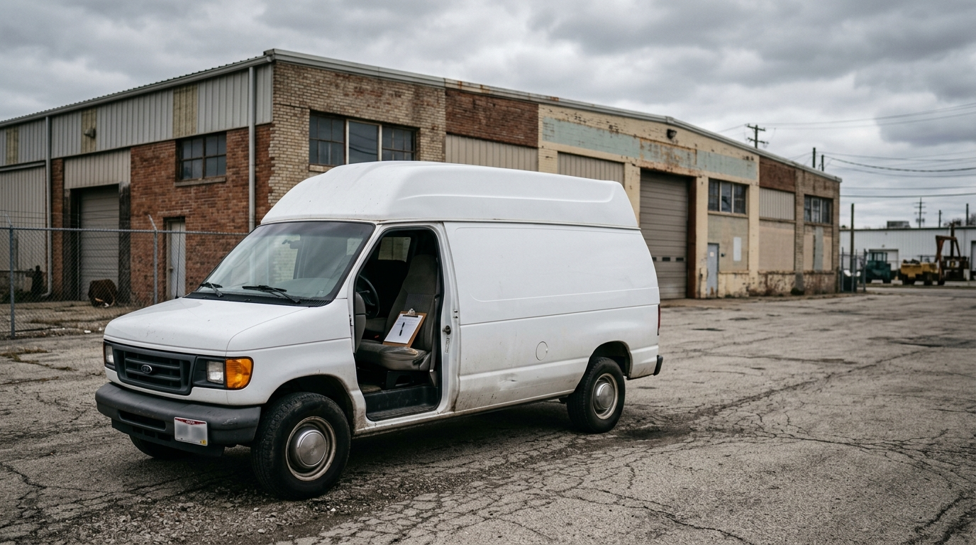A white cargo van parked outside an Ohio business, representing commercial vehicle use and commercial auto insurance