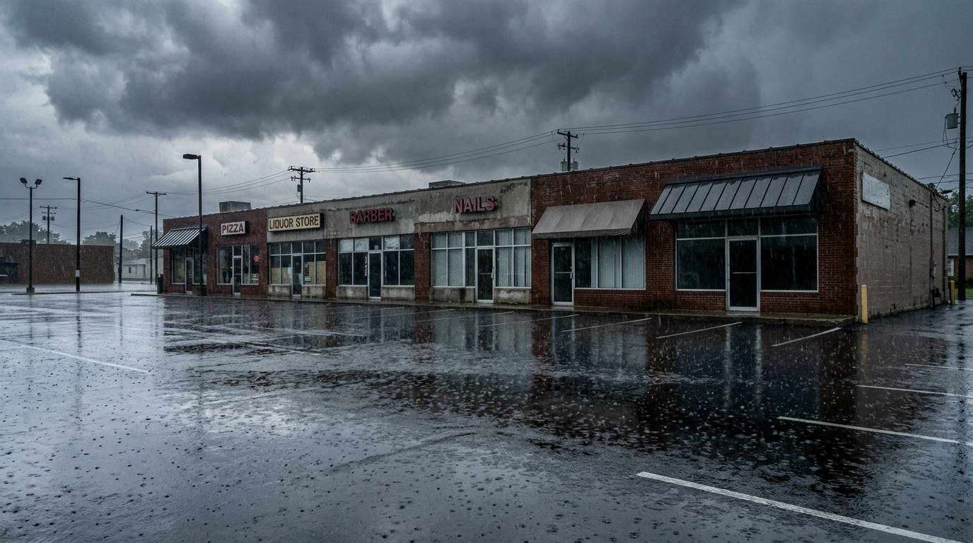 Floodwater surrounding a commercial building in a small Ohio town near a river, cloudy sky overhead