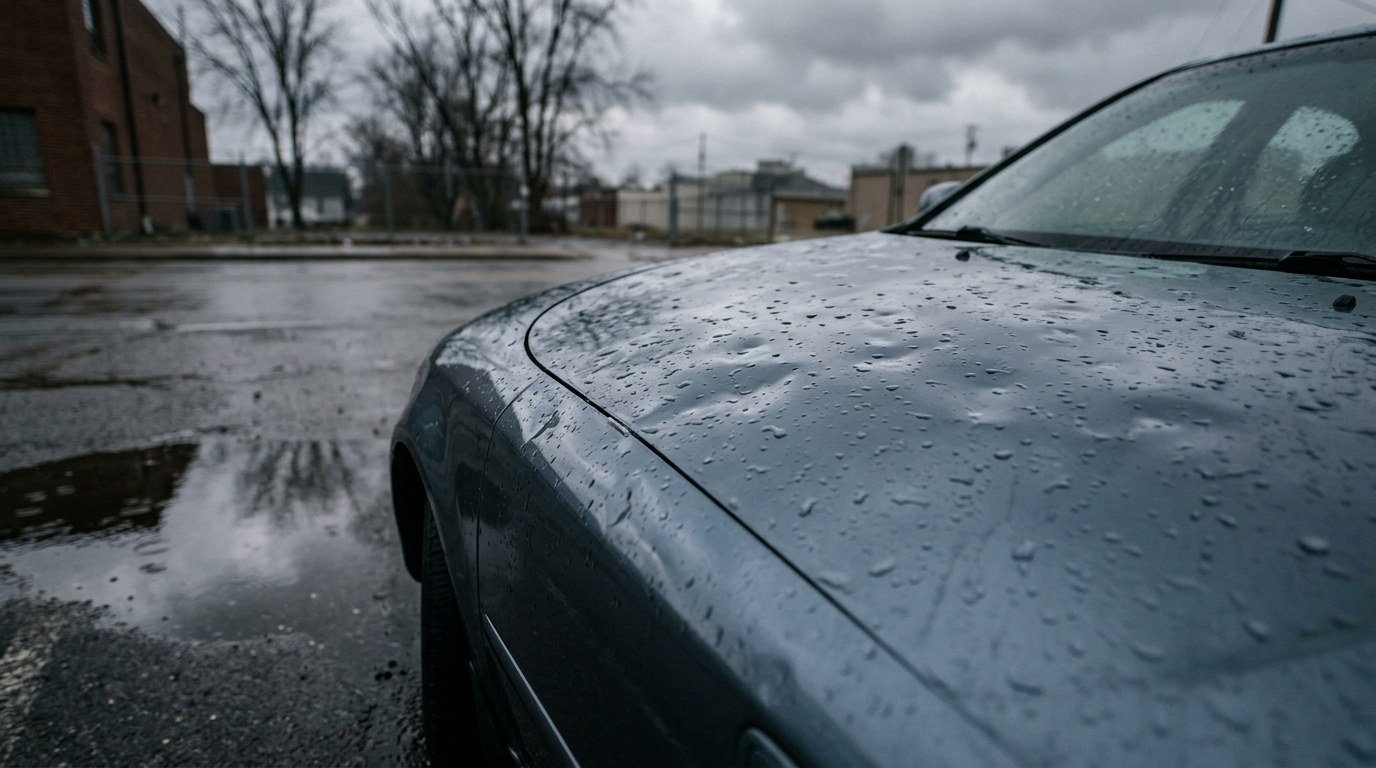 Two cars on a rain-soaked Ohio highway, one with collision damage, the other with hail dents on the hood