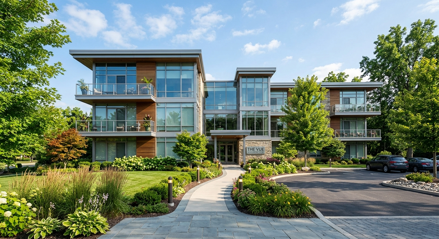 Modern Ohio condo interior with hardwood floors, updated kitchen, and large windows overlooking a city neighborhood