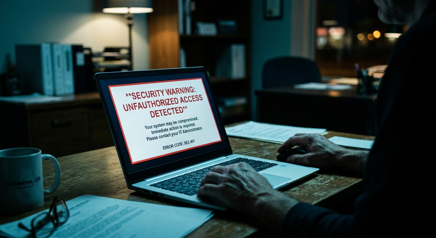 Small business owner reviewing cybersecurity documents at a desk with a laptop and coffee cup